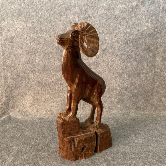 Bighorn Sheep Ram Carved Wood 14” Sculpture Statue - Picture 1 of 7